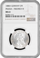 Пруссия 2 марки 1888 г., NGC MS61, "Король Фридрих III (03.1888 - 06.1888)"