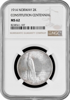 Норвегия 2 кроны 1914 г., NGC MS62, "100 лет Конституции Норвегии"