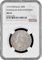 Португалия 500 рейсов 1910 г., NGC MS62, "100 лет Пиренейской войне"