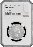 Португалия 500 рейсов 1855 г., NGC UNC Det., "Король Педру V (1853 - 1861)"