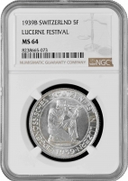 Швейцария 5 франков 1939 г. B, NGC MS64, "Стрелковый фестиваль в Люцерне"