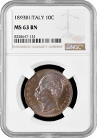 Италия 10 чентезимо 1893 г. BI, NGC MS63 BN, "Король Умберто I (1878 - 1900)"