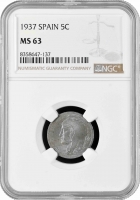 Испания 5 сентимо 1937 г., NGC MS63, "Вторая Республика (1931 - 1939)"