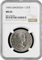 Южная Родезия 1/2 кроны 1954 г., NGC MS65, "Колония Великобритании (1932 - 1955)"