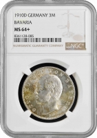 Бавария 3 марки 1910 г. D, NGC MS64+, "Король Отто I (1886 - 1913)"