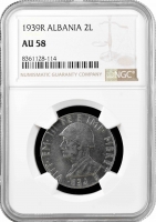 Албания 5 леков 1939 г. R, NGC AU58, "Итальянская оккупация (1939 - 1943)"
