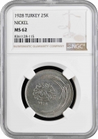 Турция 25 куруш 1928 г., NGC MS62, "Турецкая Республика (1922 - 1933)"