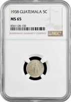 Гватемала 5 сентаво 1938 г., NGC MS65, "Республика Гватемала (1925 - 1948)" Top Pop
