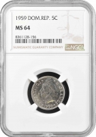 Доминикана 5 сентаво 1959 г., NGC MS64, "Доминиканская Республика (1937 - 2023)"