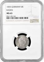 Баден 6 крейцеров 1835 г., NGC MS63, "Великий герцог Леопольд  (1830 - 1852)"