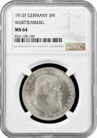 Вюртемберг 3 марки 1912 г. F, NGC MS64, "Король Вильгельм II (1891 - 1918)"