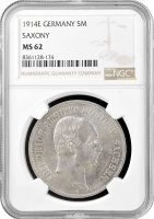 Саксония 5 марок 1914 г. E, NGC MS62, "Король Фридрих Август III (1904 - 1918)"