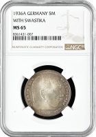 Німеччина - Третій Рейх 5 рейхсмарок 1936 A, NGC MS65, "Нацистська Німеччина (1933 - 1945)" Top Pop