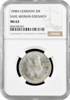 Саксен-Веймар-Эйзенах 2 марки 1908 г. A, NGC MS64, "350 лет Йенскому университету"