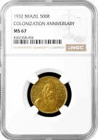Бразилия 500 рейсов 1932 г., NGC MS67, "400 лет колонизации Бразилии" Top Pop