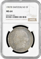 Швейцария 5 франков 1907 г. B, NGC MS64, "Швейцарская Конфедерация (1850 - 1916)"