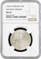 Веймарская Республика 3 рейхсмарки 1929 г. A, NGC MS64, "Объединение Вальдека и Пруссии"