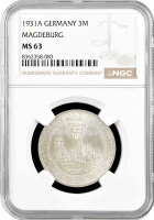Веймарская Республика 3 рейхсмарки 1931 г. A, NGC MS63, "300-я годовщина разорения Магдебурга"