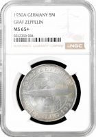Веймарская Республика 5 рейхсмарок 1930 г. A, NGC MS65+, "Полёт дирижабля "Граф Цеппелин"