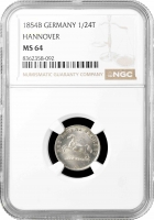 Ганновер 1/24 талера 1854 г. B, NGC MS64, "Король Георг V (1851 - 1866)"