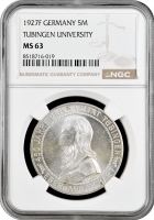 Веймарська Республіка 5 рейхсмарок 1927 р., NGC MS63, "450 років Тюбінгенському університету"