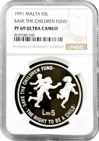 Мальта 5 лір 1991 р., NGC PF69 UC, "Фонд порятунку дітей"