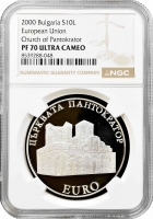 Болгарія 10 левів 2000 р., NGC PF70 UC, "Церква Пантократора" Top Pop