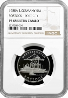 Німеччина - НДР 5 марок 1988 року, NGC PF68 UC, "30-та річниця - Порт Росток"
