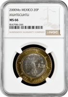 Мексика 20 песо 2000 г. Mo, NGC MS66, "Шиутекутли - бог огня, властелин вулканов"