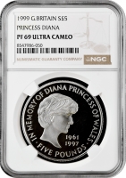 Великобритания 5 фунтов 1999 г., NGC PF69 UC, "Принцесса Диана"