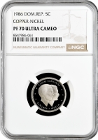 Доминикана 5 сентаво 1986 г., NGC PF70 UC, "Доминиканская Республика (1937 - 2020)" Top Pop