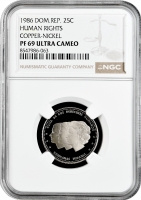 Доминикана 25 сентаво 1986 г., NGC PF69 UC, "Доминиканская Республика (1937 - 2020)" Top Pop