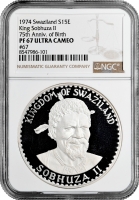 Свазиленд 15 эмалангени 1974 г., NGC PF67 UC, "75 лет со дня рождения Короля Собузы II" Top Pop