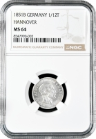 Ганновер 1/12 талера 1851 г. B, NGC MS64, "Король Эрнст Август (1837 - 1851)"