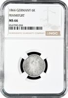 Франкфурт 6 крейцеров 1866 г., NGC MS66, "Вольный город Франкфурт (1807 - 1866)"