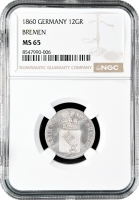 Бремен 12 гротенов 1860 г., NGC MS65, "Вольный ганзейский город Бремен (1806 - 1871)" Top Pop
