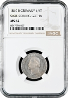 Саксен-Кобург-Гота 1/6 талера 1869 г. B, NGC MS62, "25 лет правлению Герцога Эрнста II"