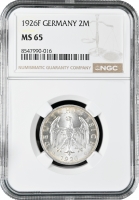 Германия 2 рейхсмарки 1926 г. F, NGC MS65, "Веймарская Республика (Рейхсмарка) (1924 - 1938)"