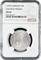 Веймарская Республика 3 рейхсмарки 1929 г. A, NGC MS62, "Объединение Вальдека и Пруссии"