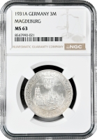 Веймарская Республика 3 рейхсмарки 1931 г. A, NGC MS63, "300-я годовщина разорения Магдебурга"
