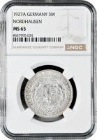 Веймарская Республика 3 рейхсмарки 1927 г. A, NGC MS65, "1000 лет Нордхаузену"