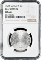Веймарская Республика 3 рейхсмарки 1930 г. F, NGC MS64+, "Полёт дирижабля "Граф Цеппелин"