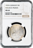 Веймарская Республика 3 рейхсмарки 1929 г. A, NGC MS64, "Объединение Вальдека и Пруссии"