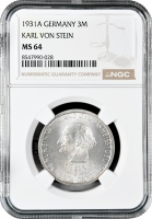 Веймарская Республика 3 рейхсмарки 1931 г. A, NGC MS64, "100 лет со дня смерти Генриха фом Штейна"