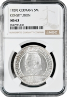 Веймарская Республика 5 рейхсмарок 1929 г. E, NGC MS63, "10 лет Веймарской конституции" Pop 6/1