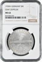 Веймарская Республика 5 рейхсмарок 1930 г. A, NGC MS62, "Полёт дирижабля "Граф Цеппелин"