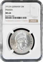 Пруссия 3 марки 1912 г. A, NGC MS64, "Император Вильгельм II (1888 - 1918)"