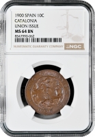 Испания 10 сентимо 1900, NGC MS65 BN, "Каталония: Каталонский союз" Top Pop