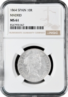 Испания 10 реалов 1864 г., NGC MS61, "Королева Изабелла II (1847 - 1864)" Мадрид