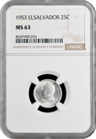 Сальвадор 25 сентаво 1953 г., NGC MS63, "Республика Эль-Сальвадор (1919 - 2001)"